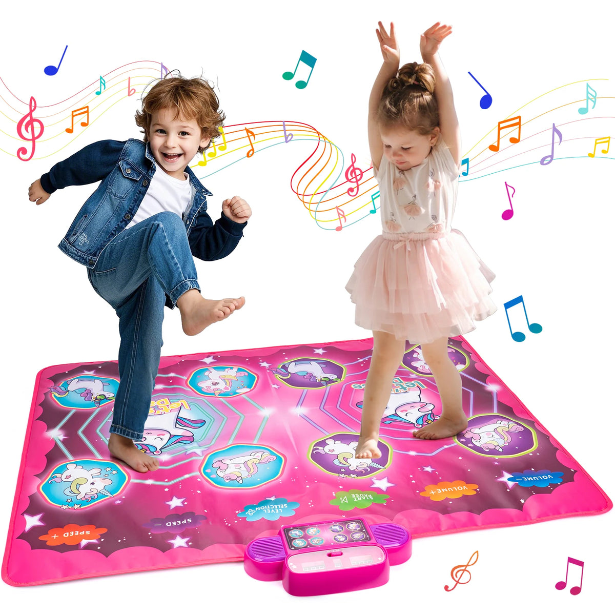 A pink interactive music dance mat with lights featuring two young children dancing on it.