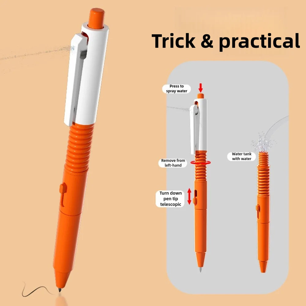 An orange and white pen-like water gun is shown with instructions for use.