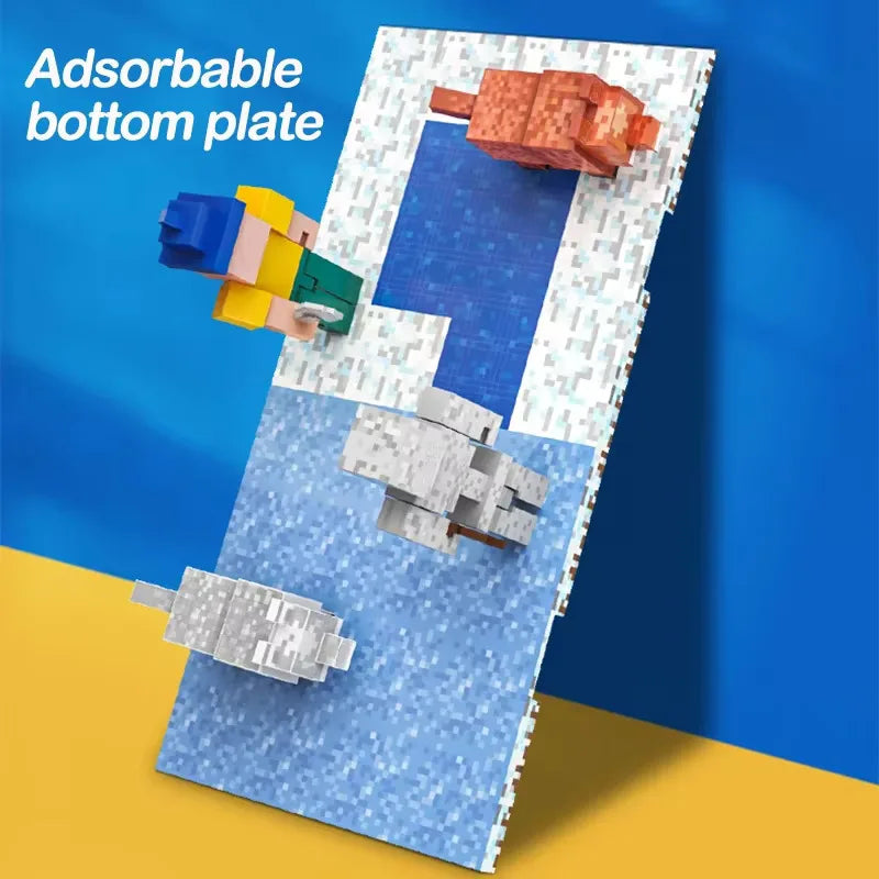 An adsorcable bottom plate set showing various colored magnetic building blocks like red, yellow, and gray on a blue surface.