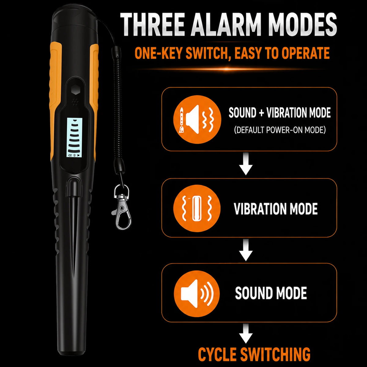 An IP68 waterproof pinpointer metal detector with an LCD display showing three alarm modes: sound, vibration, and cycle switc