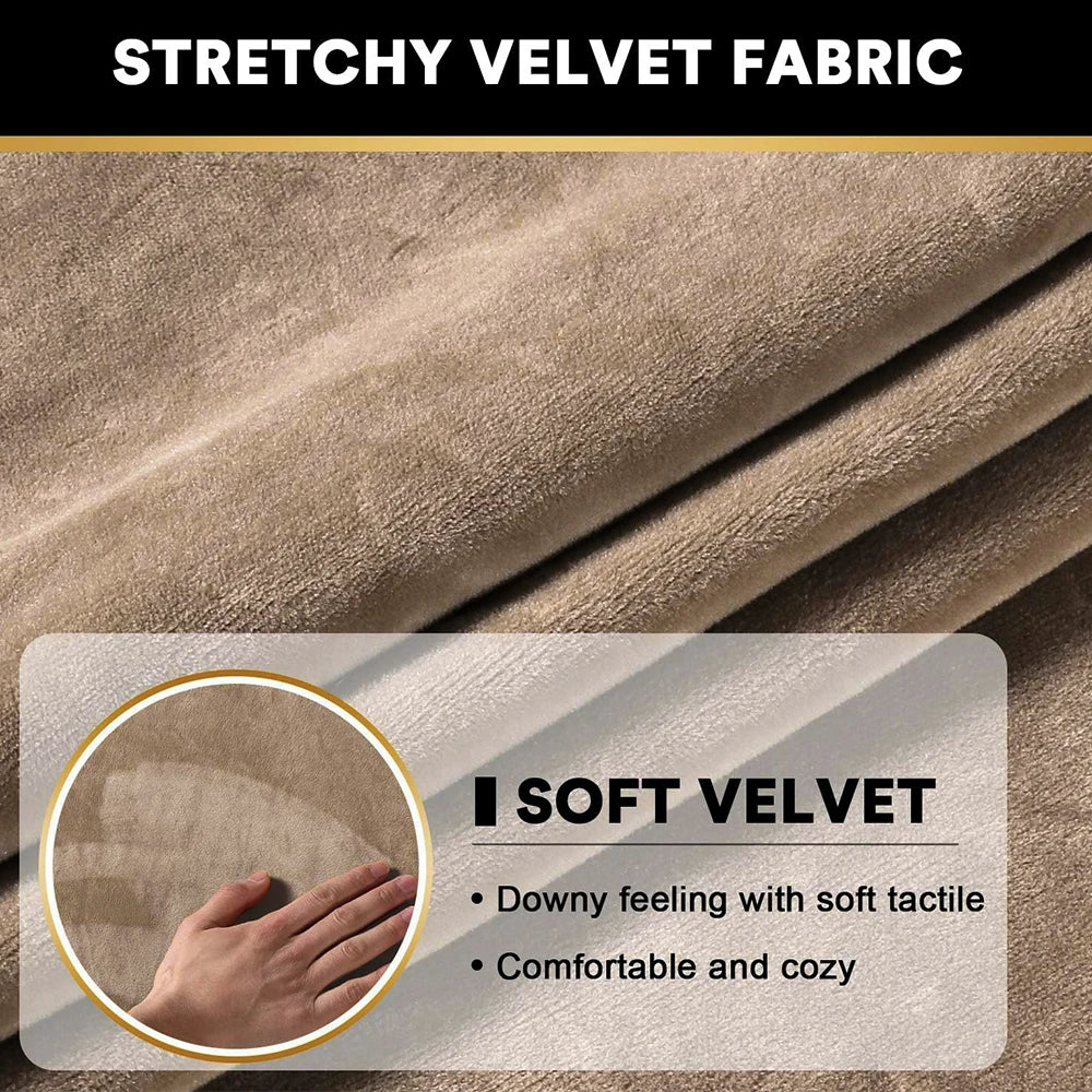 Close-up of a hand touching a tan stretchy velvet fabric showing its soft texture and cozy feel.
