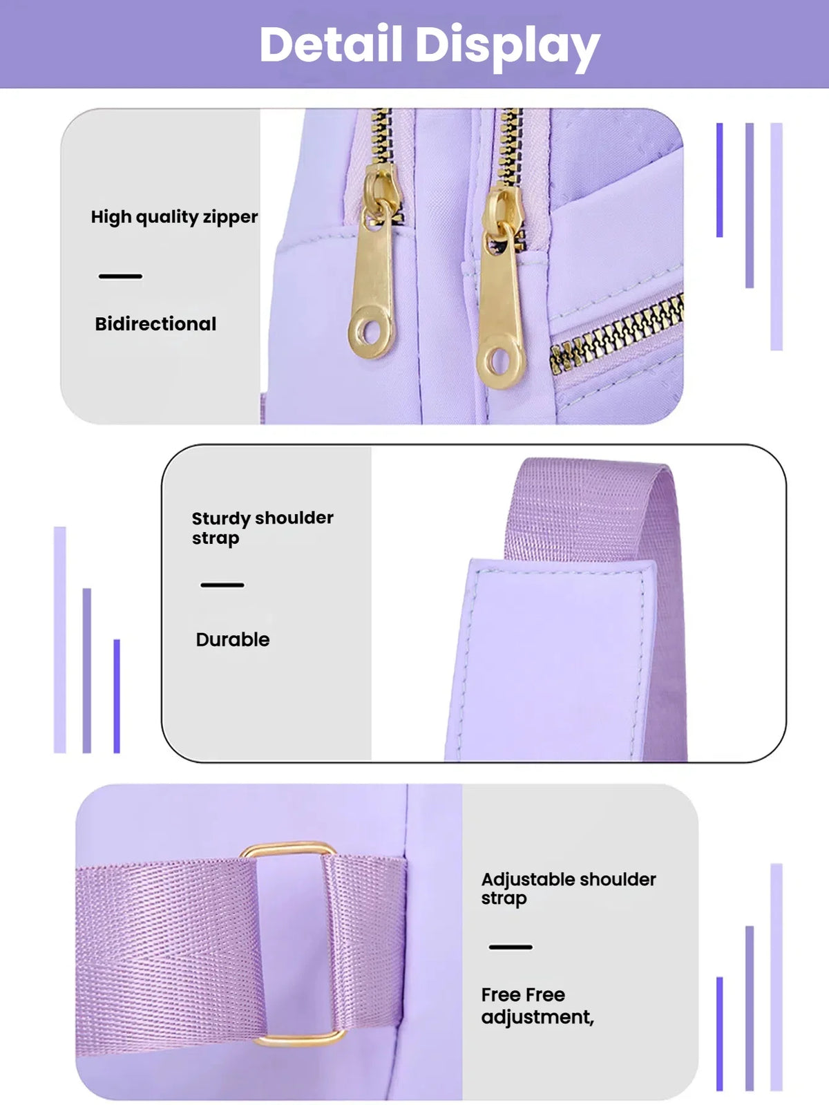 Detail display of a purple quilted crossbody sling bag showing the zipper, shoulder strap, and adjustable features.
