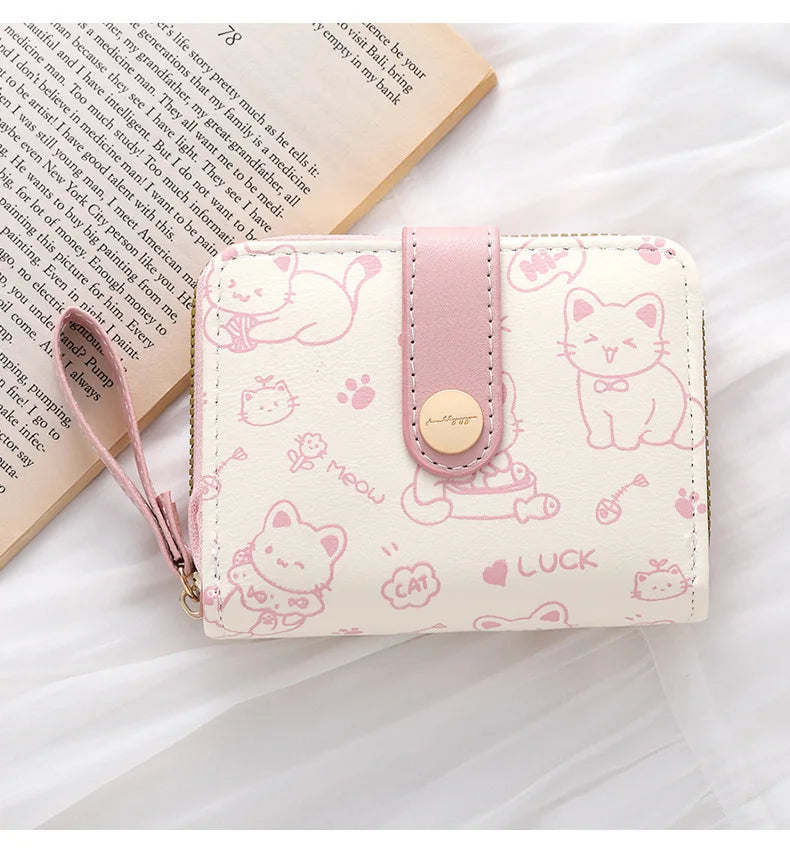 Cute Cat Face PU Leather Coin Purse with Wrist Strap