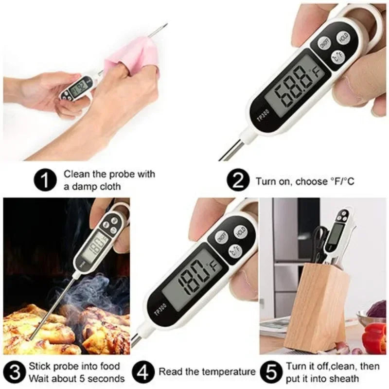 A digital food thermometer is shown with instructions for cleaning, turning on, reading temperature, and putting it into a sh