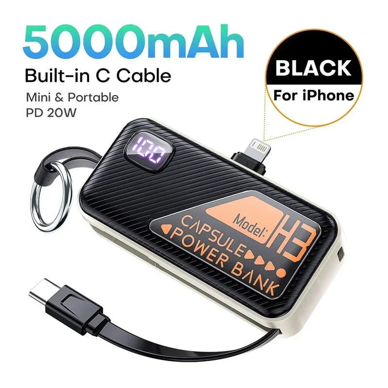 Compact 5000mAh Power Bank with Built-in USB-C Cable