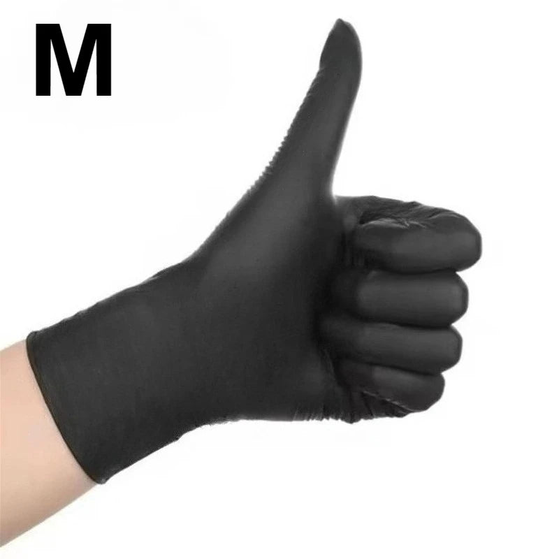 A hand wearing a black disposable nitrile glove making a thumbs up gesture.