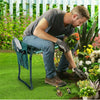 A man kneeling on a green lawn using a heavy duty foldable garden kneeler seat with a tool pouch.