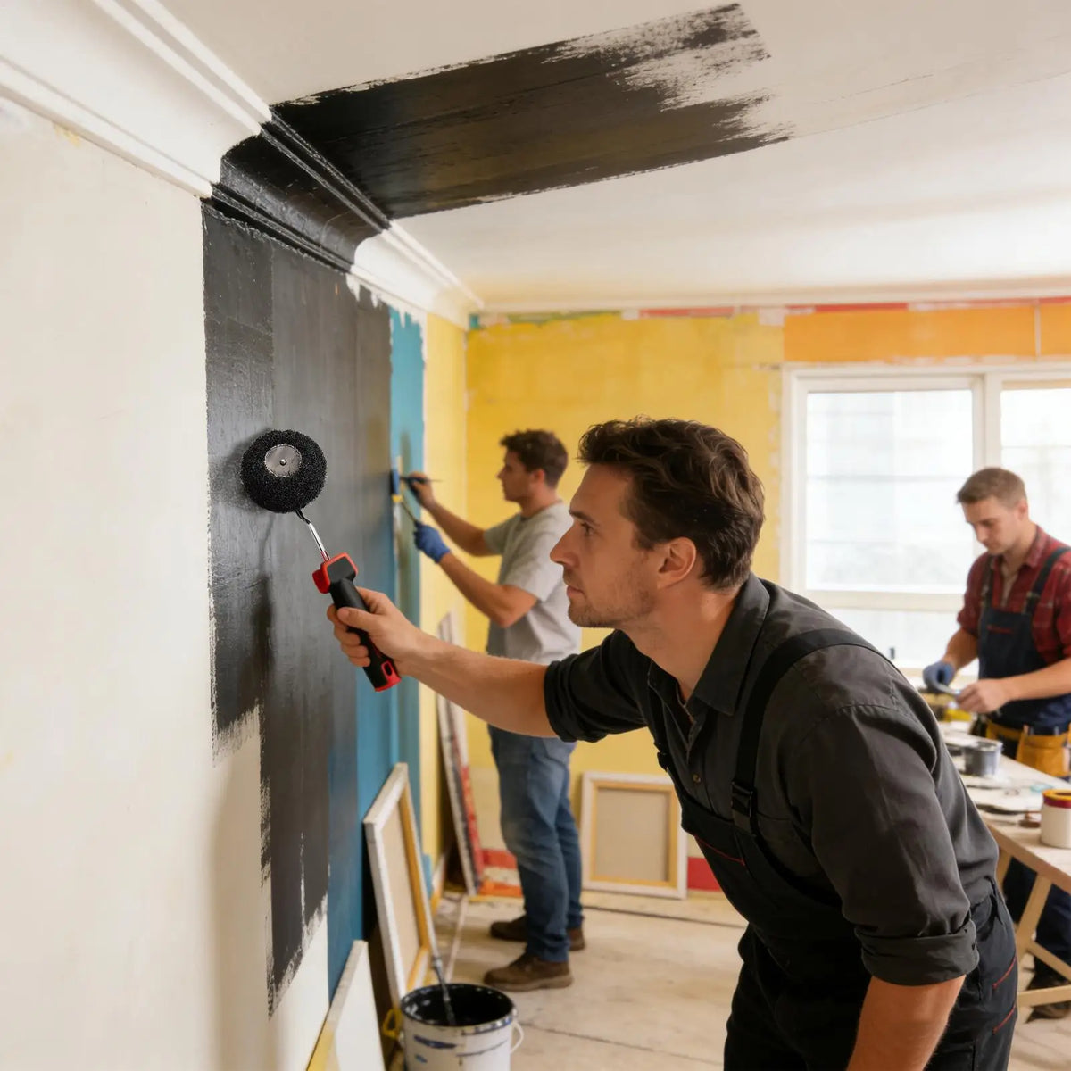 Ein Mann trägt schwarze Farbe mit einem Walzenpinsel auf eine Wand, Demonstrationen für Malerarbeiten.