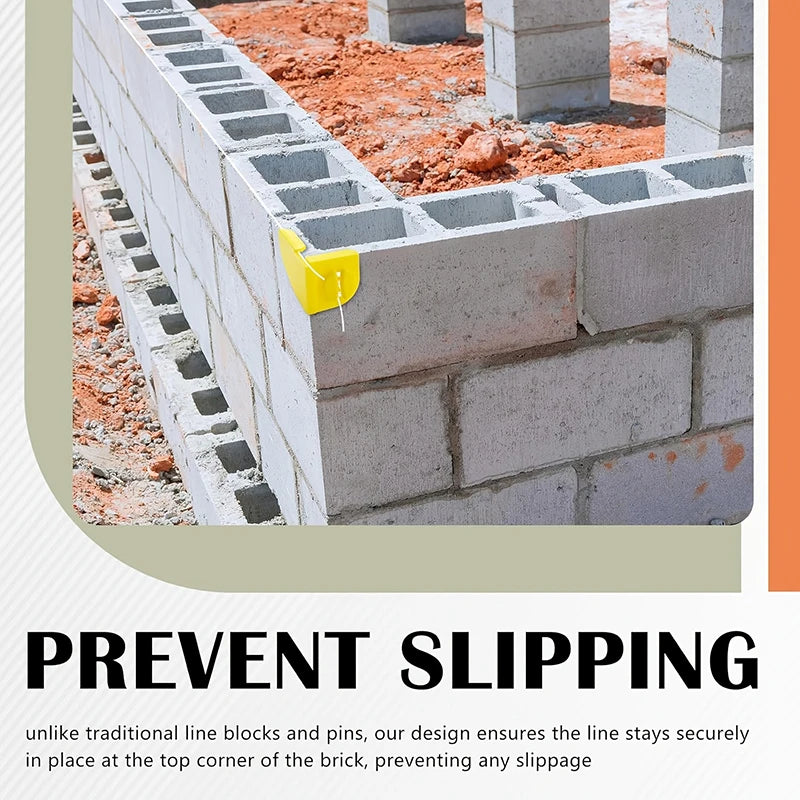 A close-up view of a masonry line corner clip being installed into a brick wall to prevent slippage.