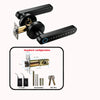 A black smart fingerprint door handle lock mechanism and control panel with accessories shown in a standard configuration.