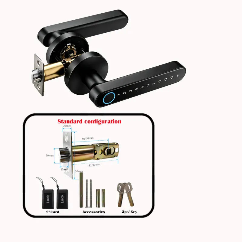 A black smart fingerprint door handle lock mechanism and control panel with accessories shown in a standard configuration.