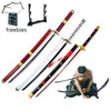 A collection of freebies including a Roronoa Zoro 41-inch katana cosplay sword and related accessories.