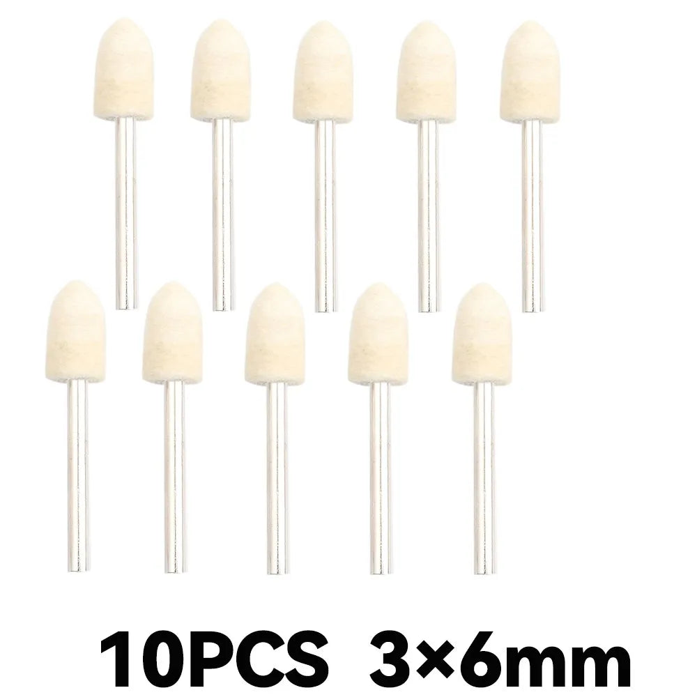 Ten wool felt polishing wheels with 3x6mm shafts for rotary tools