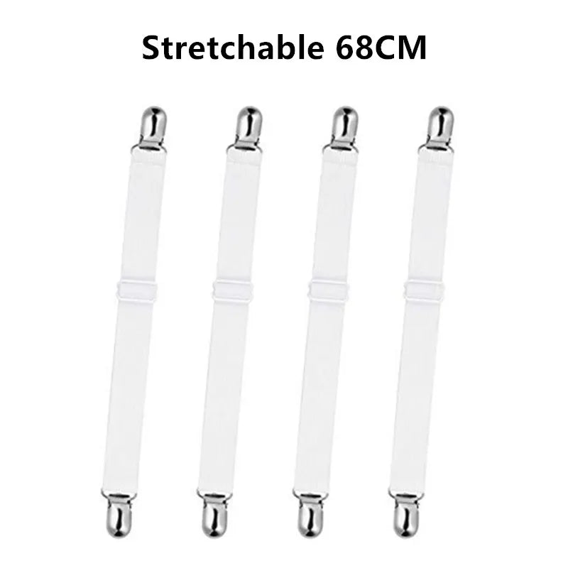 Set of four stretchable 68cm clear plastic corner straps for bed sheets