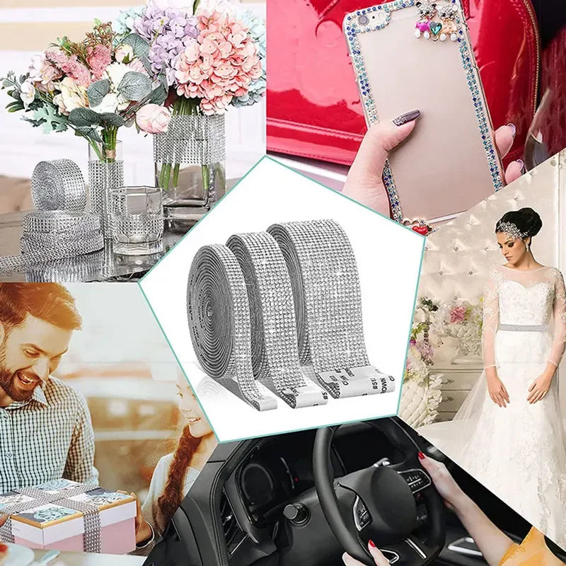 Various rolls of crystal rhinestone ribbon stickers and a bridal gown with similar embellishments.