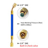 A blue and gold air conditioning oil and dye injector hose with a 1/4" SAE quick coupler and built-in check valve.