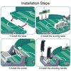 Installation steps showing how to assemble a compact tabletop soccer game with a base, scoring table, scorer, and shooting ha