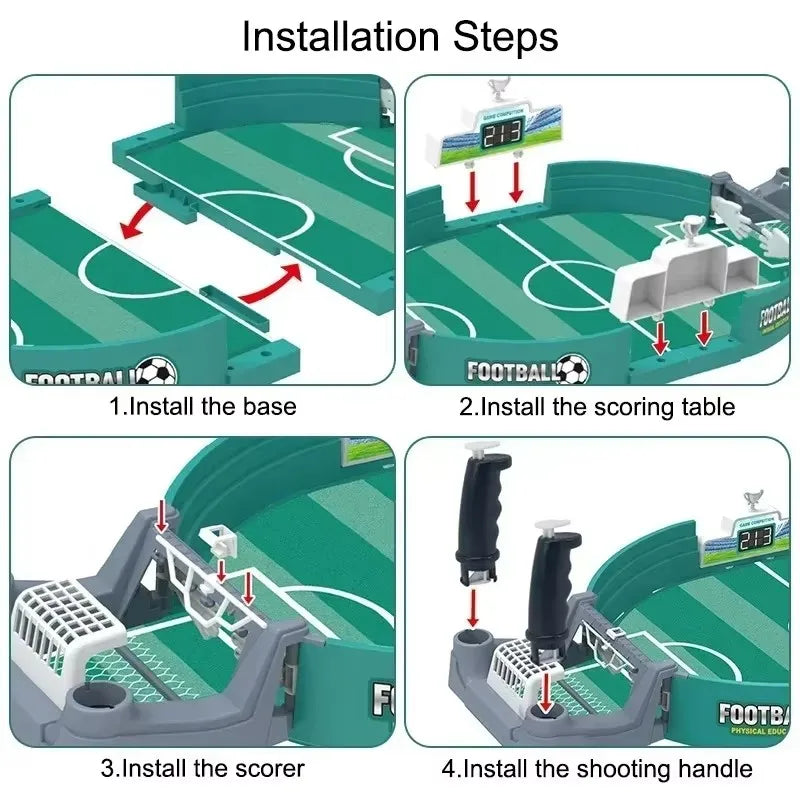 Installation steps showing how to assemble a compact tabletop soccer game with a base, scoring table, scorer, and shooting ha