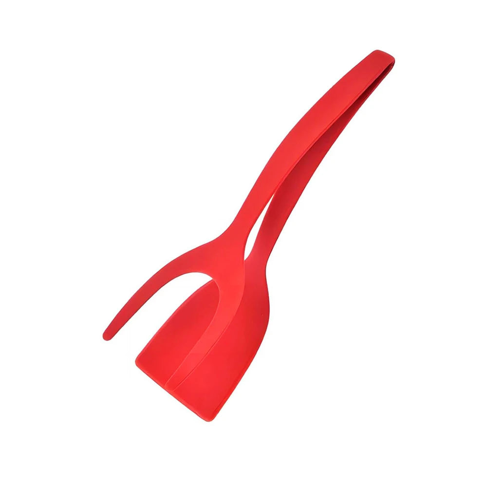 A bright red 2-in-1 grip and flip spatula tongs shown against a white background.