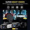 A black dash cam with night vision features is shown, highlighting its front and rear camera views.