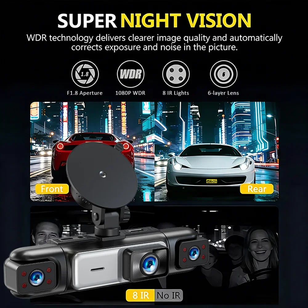 A black dash cam with night vision features is shown, highlighting its front and rear camera views.