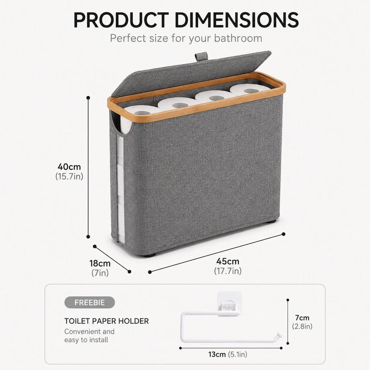A gray toilet paper holder basket with a bamboo frame and lid, shown in a side view.