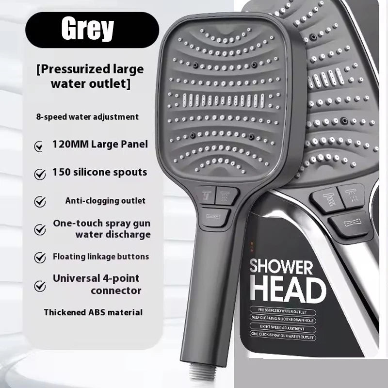 A grey pressurized large water outlet shower head with a textured silicone spray pattern and various adjustment buttons.
