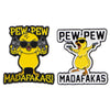 Two enamel lapel pins featuring a yellow duck with sunglasses and text reading PEW PEW and MADAFAKAS