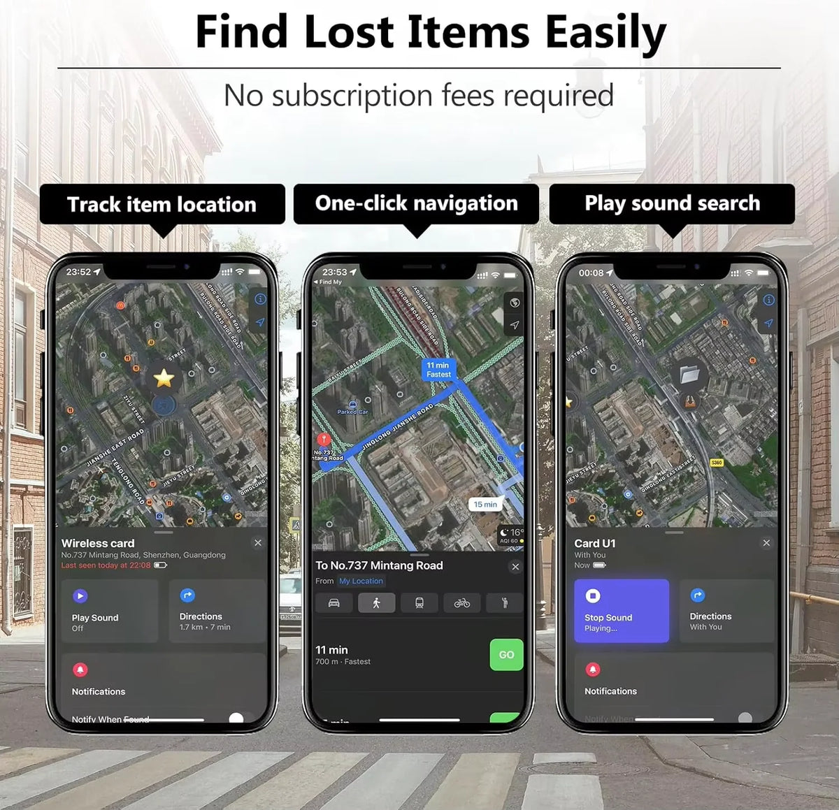 A smartphone screen displays features for finding lost items including tracking location, one-click navigation, and sound sea