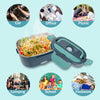 A portable electric lunch box shown with various activities like car, office, picnic, camping, school, and fieldwork.