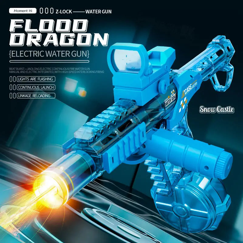 A blue Flood Dragon electric water gun is firing a stream of water with a bright muzzle flame effect.