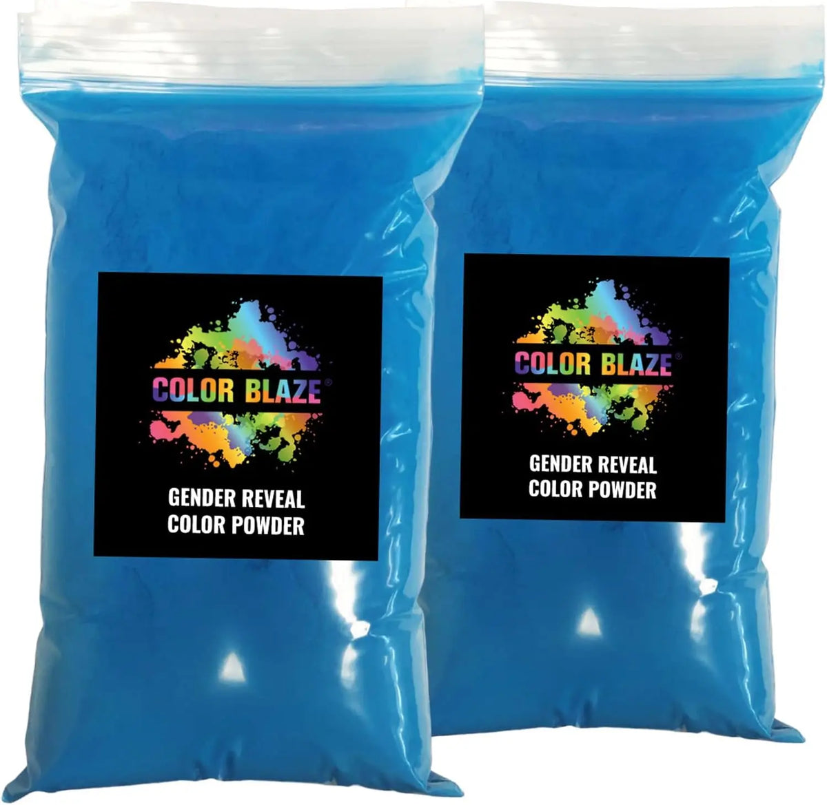 A bag of blue colored powder labeled Color Blaze Gender Reveal Color Powder