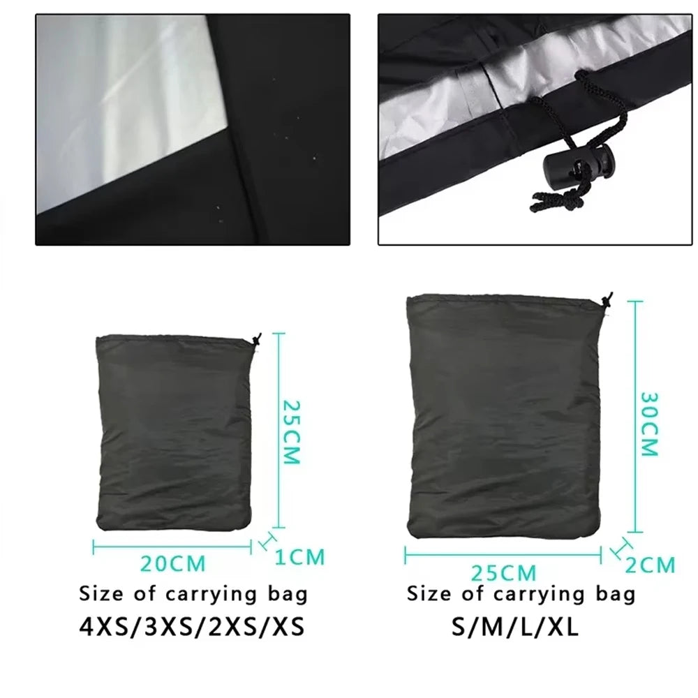 Various sizes of heavy-duty waterproof BBQ grill covers shown with close-ups and dimensions.