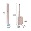 A pink wall-mounted disposable toilet brush set with replaceable heads shown in various dimensions.