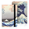 A light pink and gray e-reader case with a black strap featuring a blue wave design.