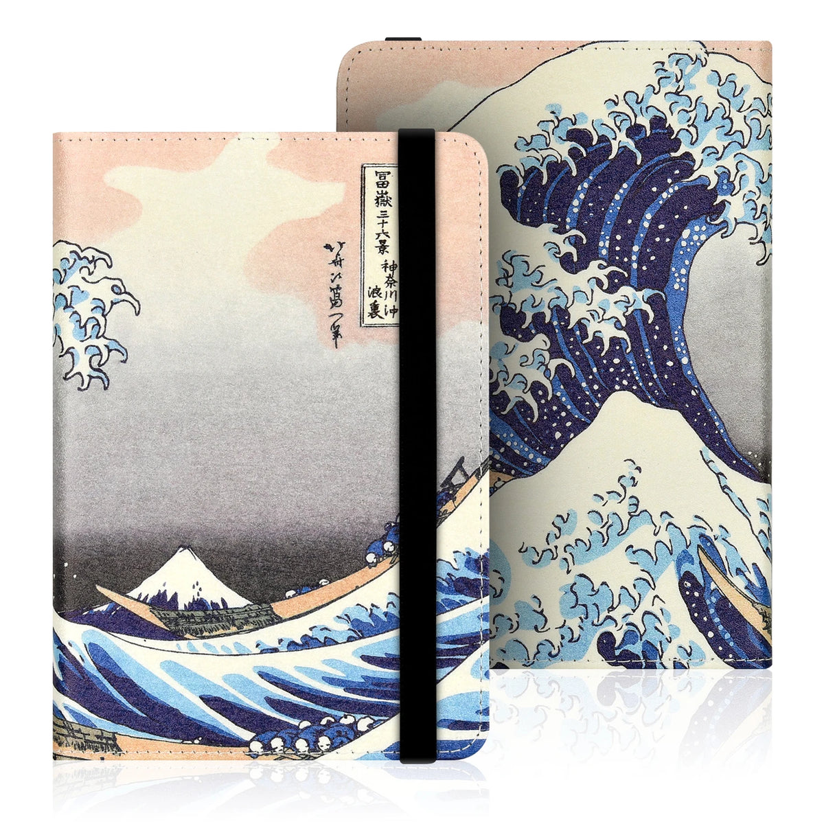 A light pink and gray e-reader case with a black strap featuring a blue wave design.
