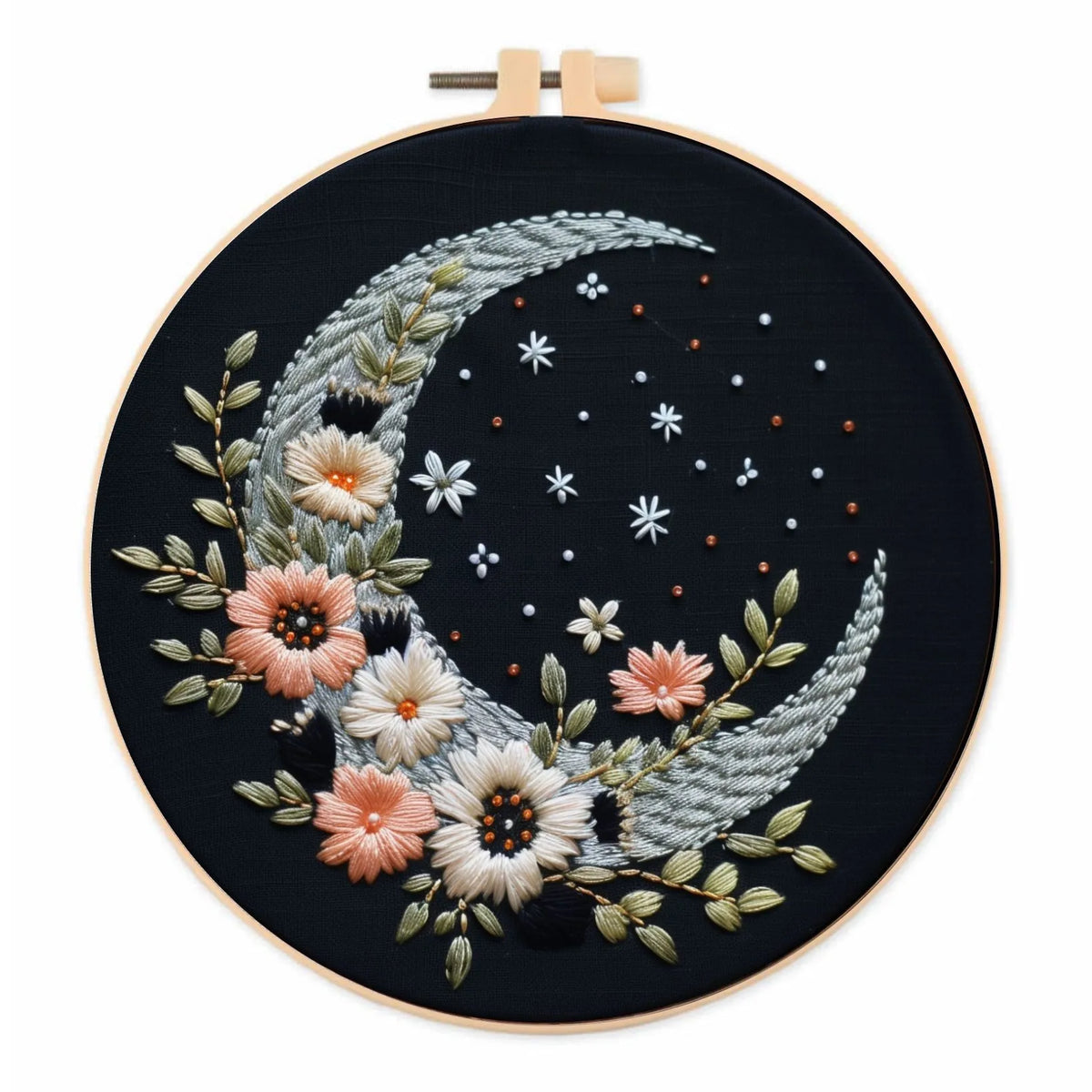 DIY embroidery kit featuring a silver crescent moon and golden butterfly design on black fabric