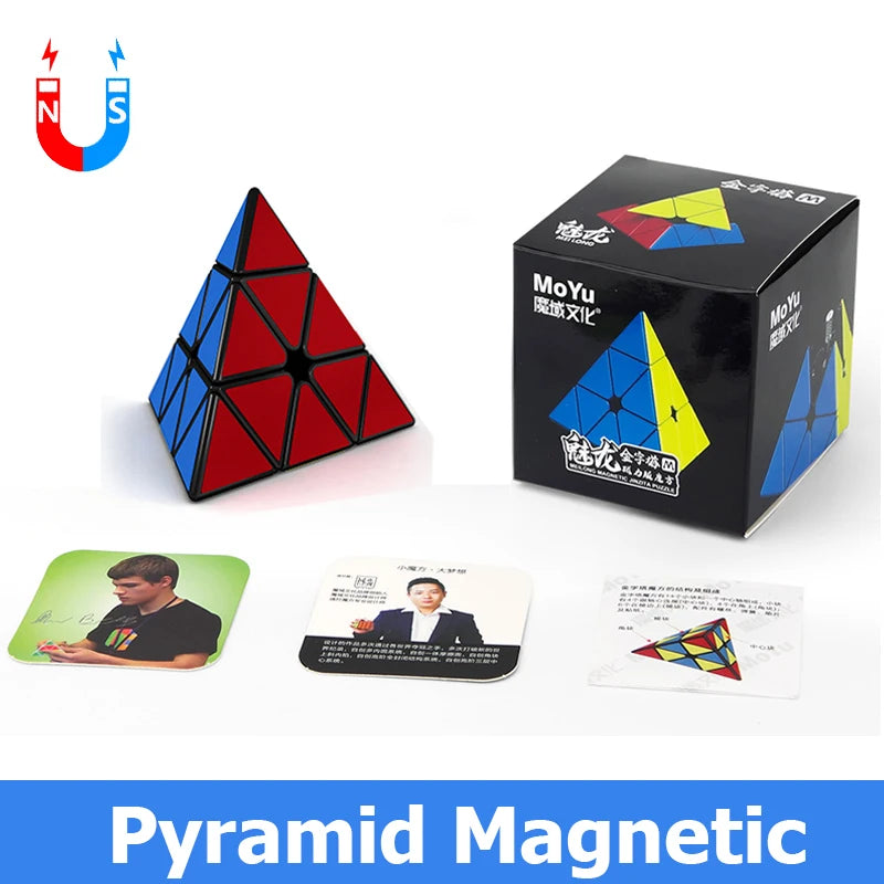A set of MoYu Meilong magnetic speed cubes shown in various forms including a pyramid shape and boxed packaging.