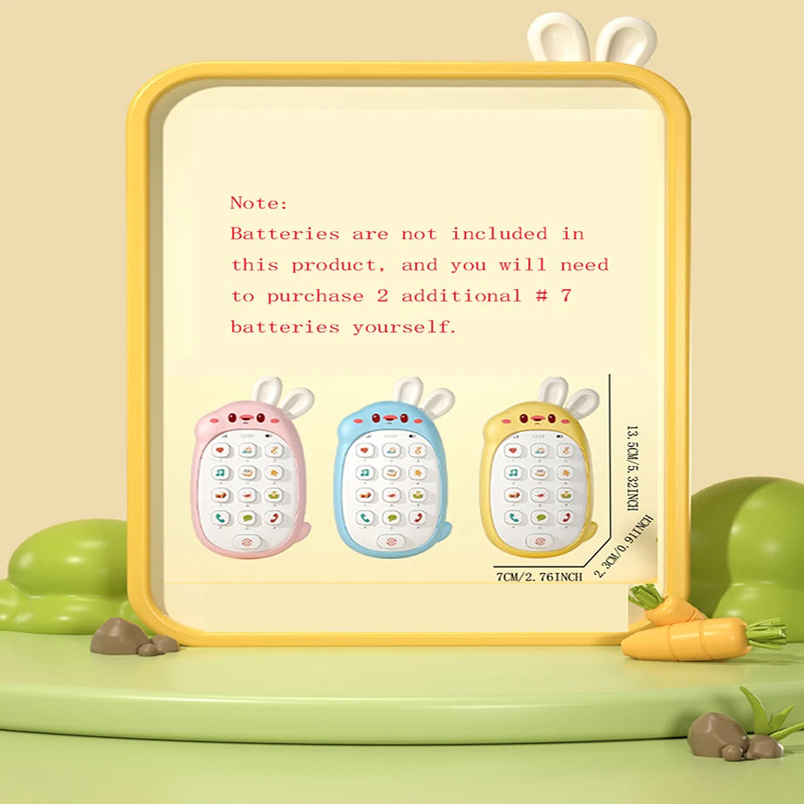 A yellow box displays three rabbit-shaped baby music phone toys for teething babies.