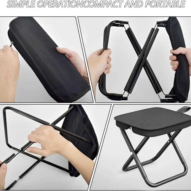 A portable folding stool shown in various configurations including a compact bag, an open seat, and a folded version.