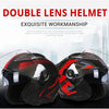 A pair of black and red double lens helmet is shown against a blurred city background.