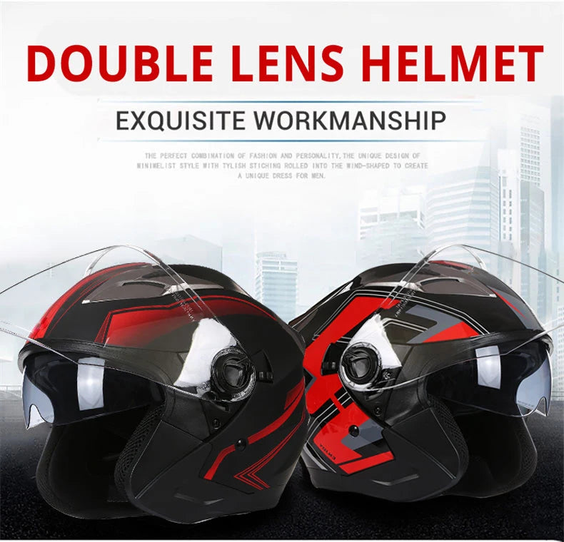 A pair of black and red double lens helmet is shown against a blurred city background.