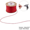 A spool of red nylon cord for jewelry making and crafting with a thin red wire extending from it.