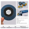 A blue zirconia abrasive disc for an angle grinder shown next to a hand and related accessories.