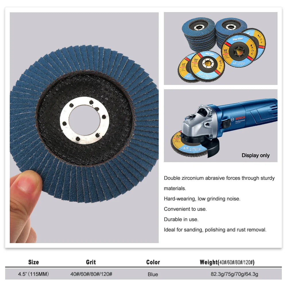 A blue zirconia abrasive disc for an angle grinder shown next to a hand and related accessories.