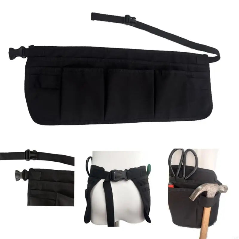 Black heavy-duty tool apron with twelve pockets for gardening and work