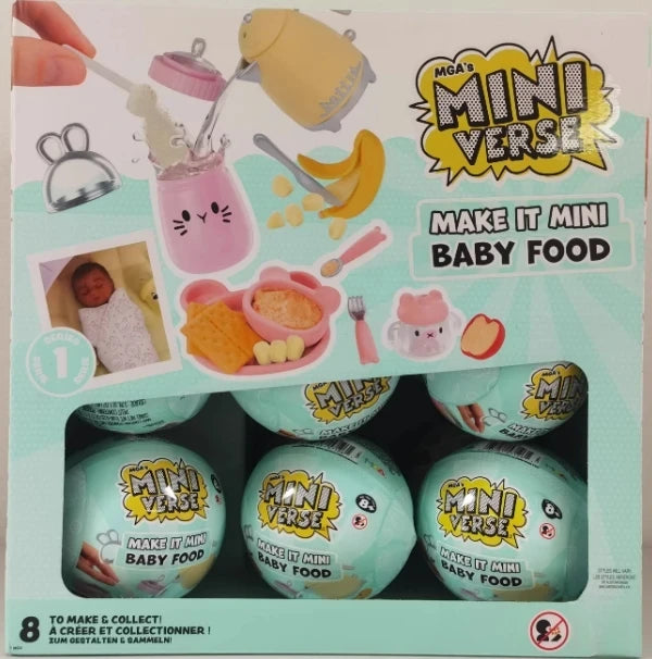 A DIY kit for making mini baby food accessories featuring various miniature food items and doll parts.