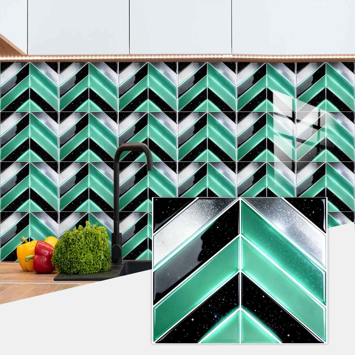 A close-up of green and black herringbone marble peel-and-stick wall tiles installed on a kitchen backsplash.