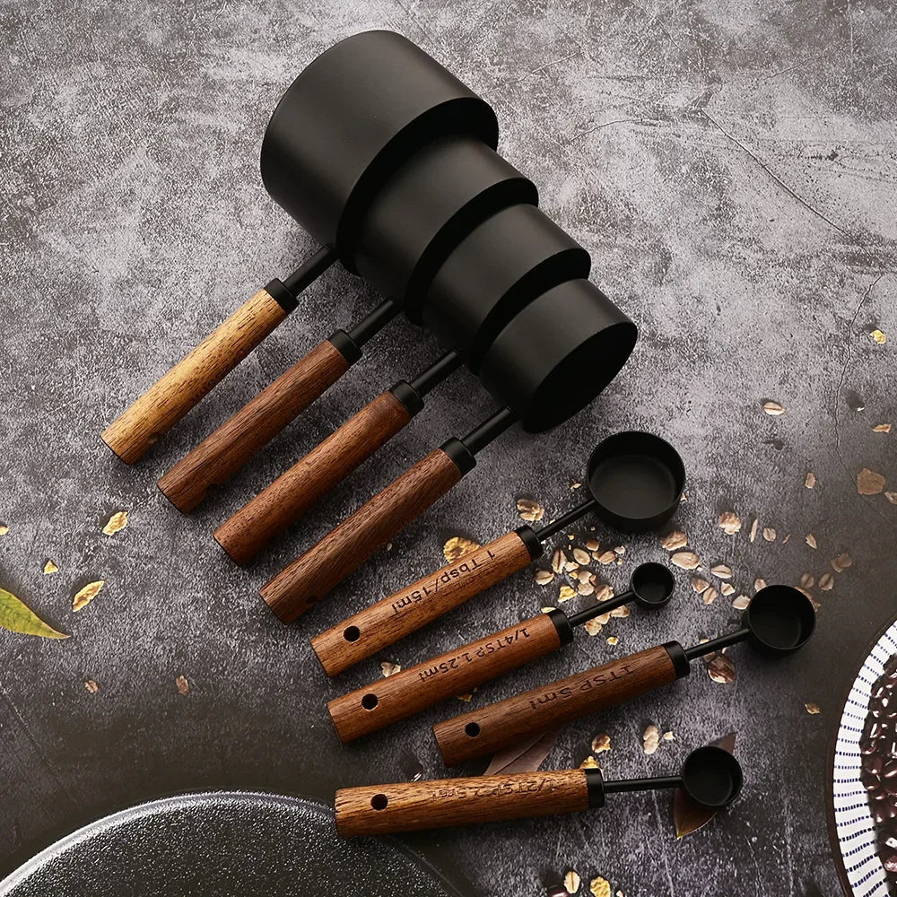 Stainless Steel Measuring Cup and Spoon Set with Wooden Handles