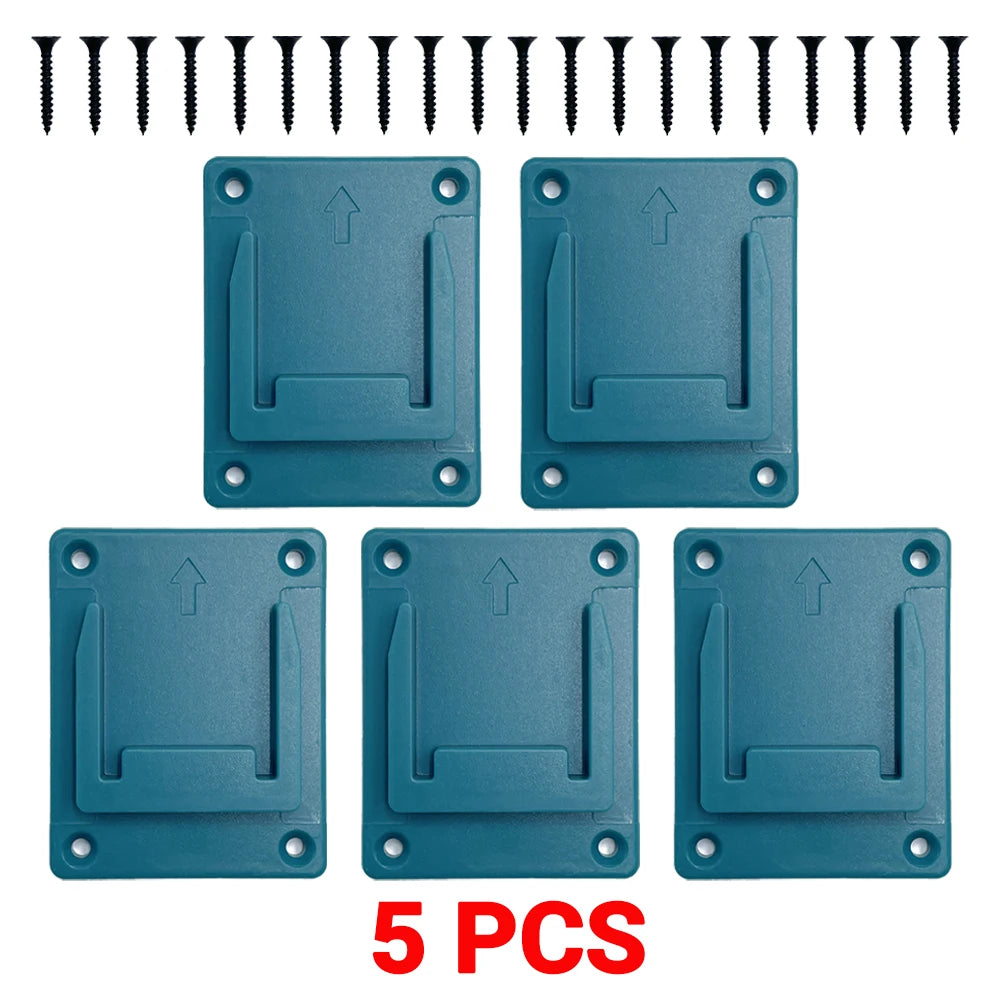 Five teal wall-mount holders for Makita 18V batteries and power tools, with corresponding mounting strips.
